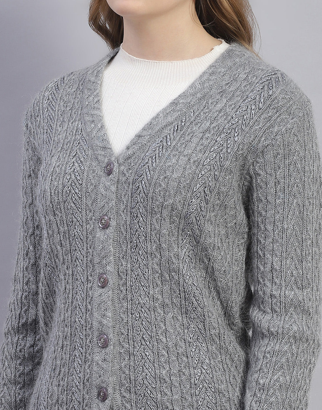 Women Grey Solid V Neck Full Sleeve Cardigan