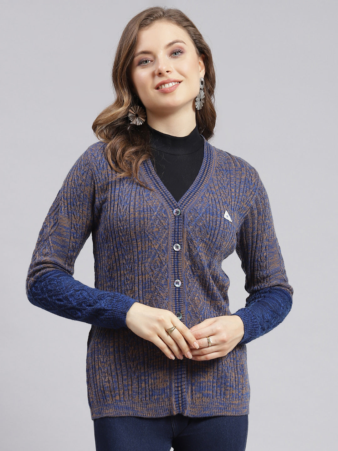 Women Blue Jaquard Wool blend Cardigan