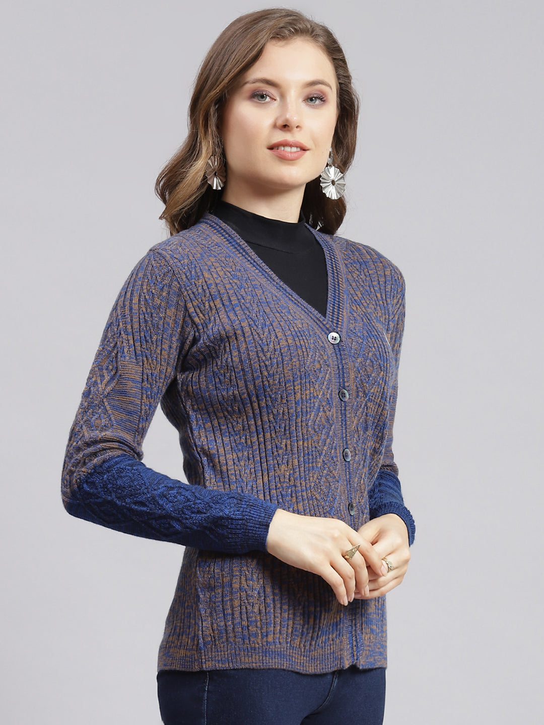 Women Blue Jaquard Wool blend Cardigan