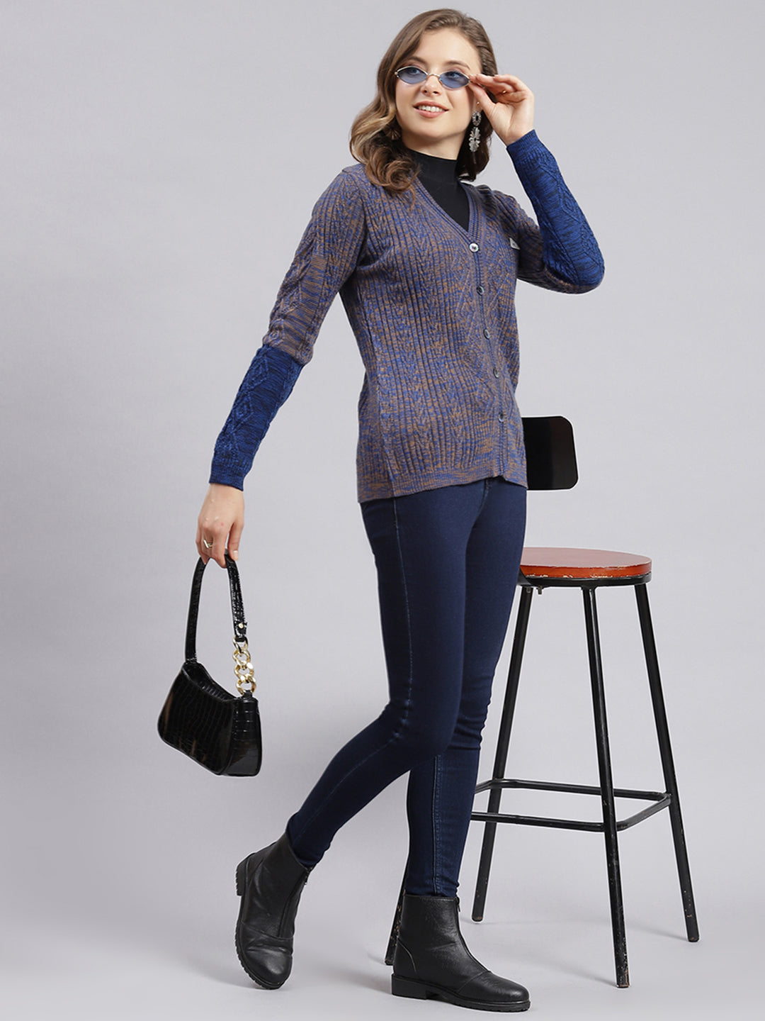Women Blue Jaquard Wool blend Cardigan