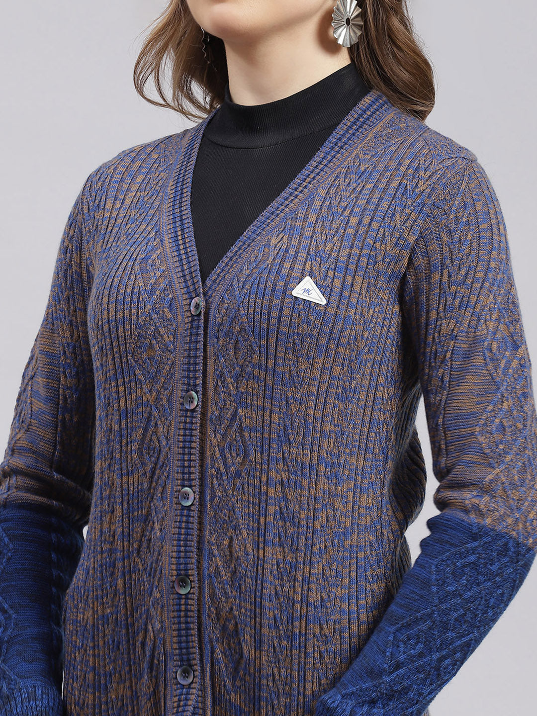 Women Blue Jaquard Wool blend Cardigan