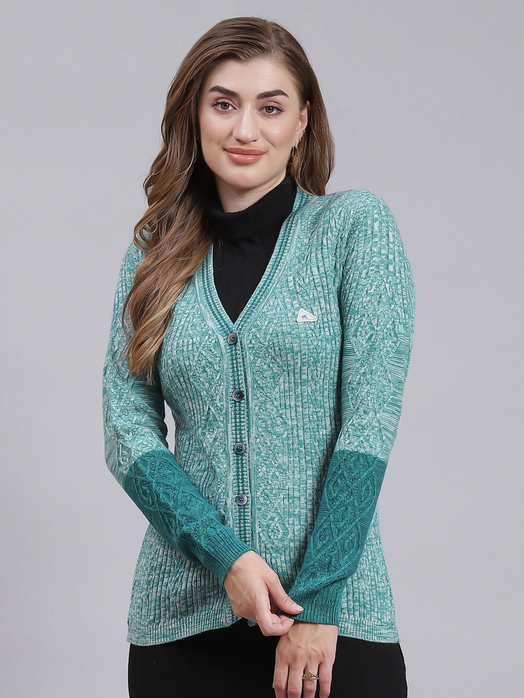 Women Green Jaquard Wool blend Cardigan