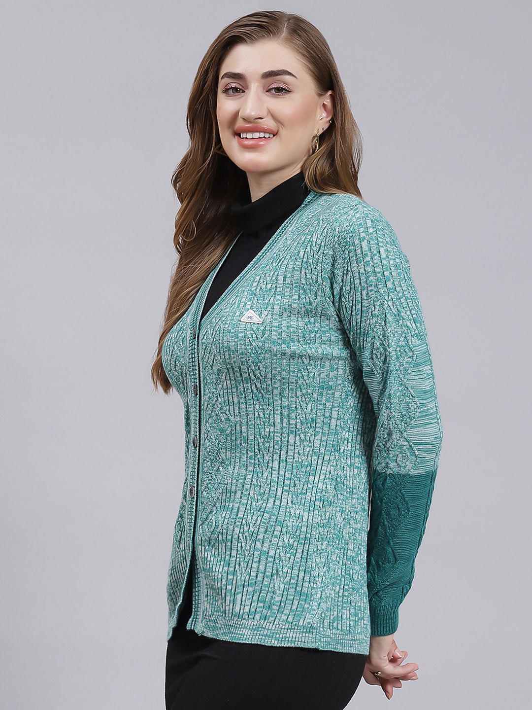 Women Green Jaquard Wool blend Cardigan