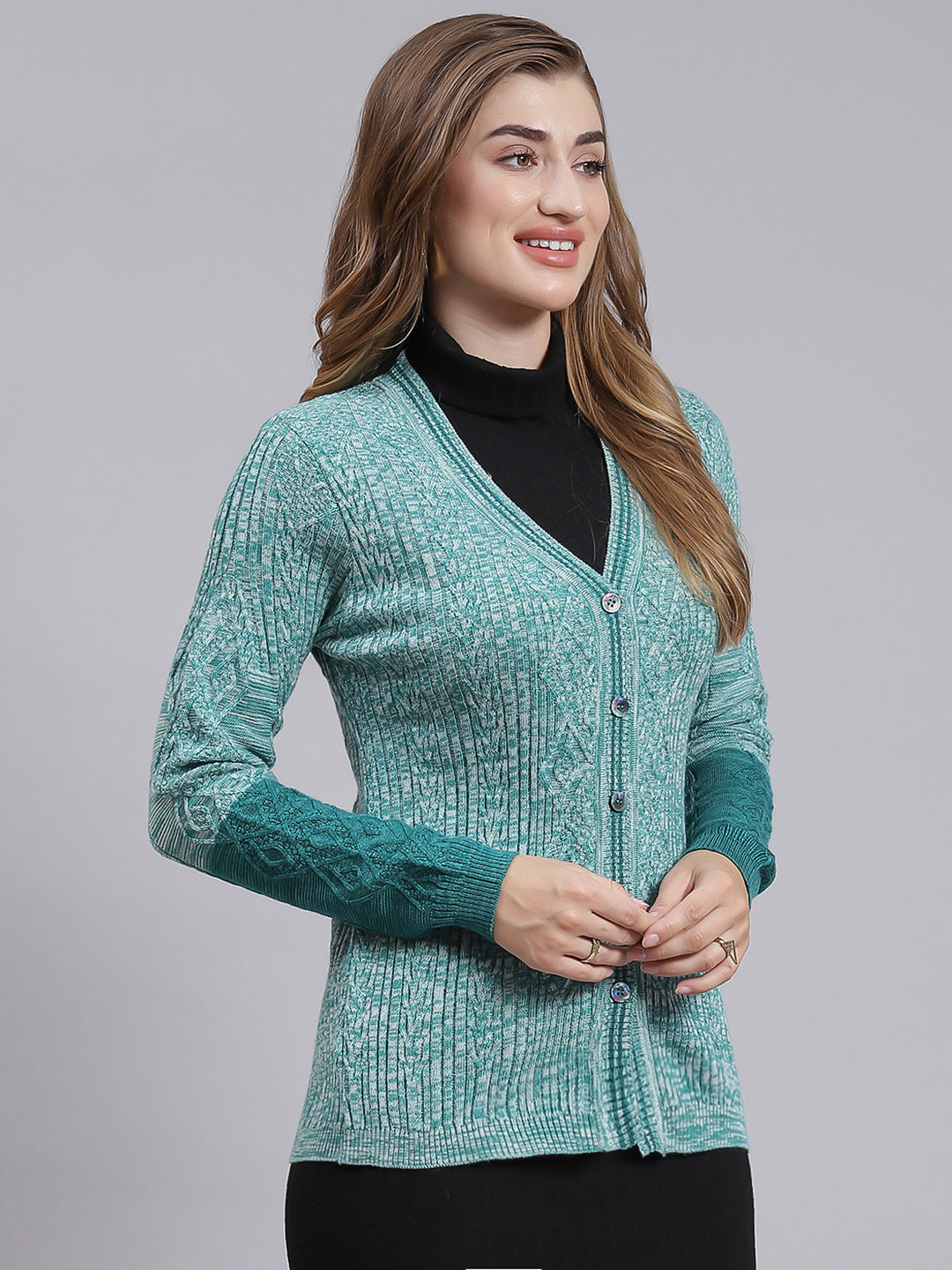 Women Green Jaquard Wool blend Cardigan