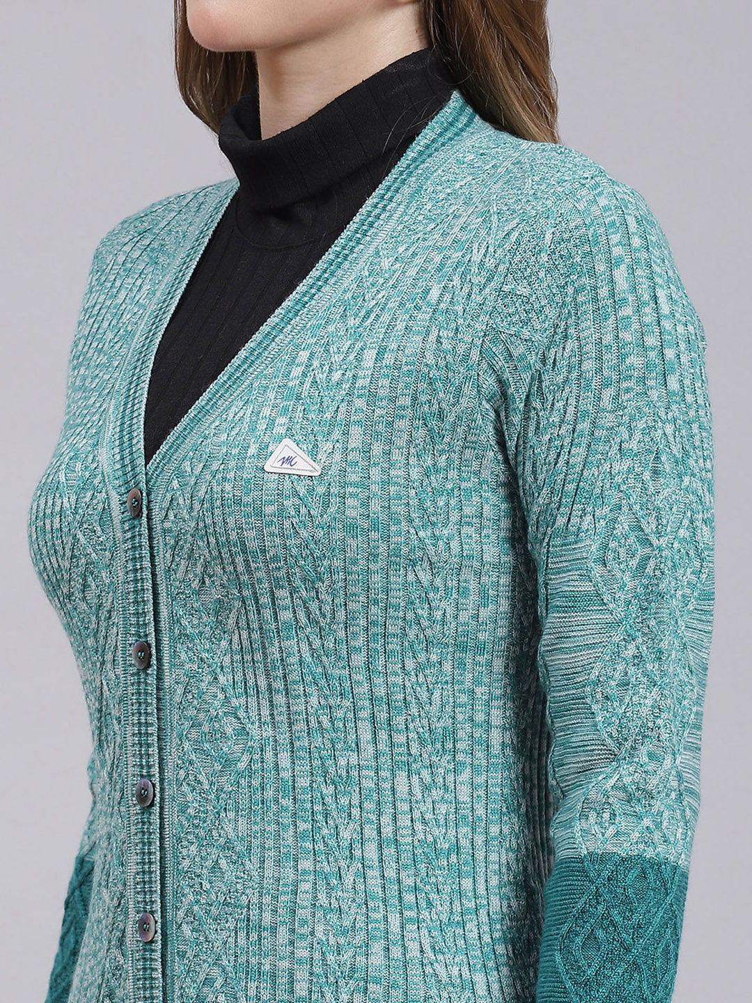Women Green Jaquard Wool blend Cardigan