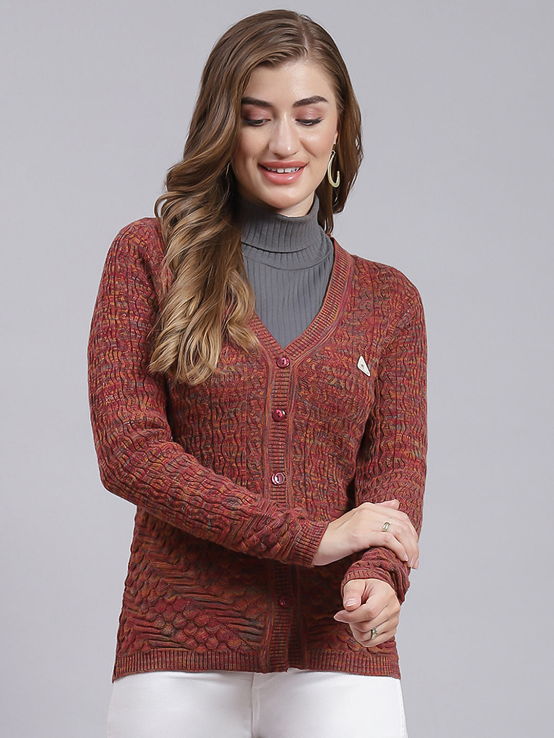 Women Maroon Jaquard Wool blend Cardigan