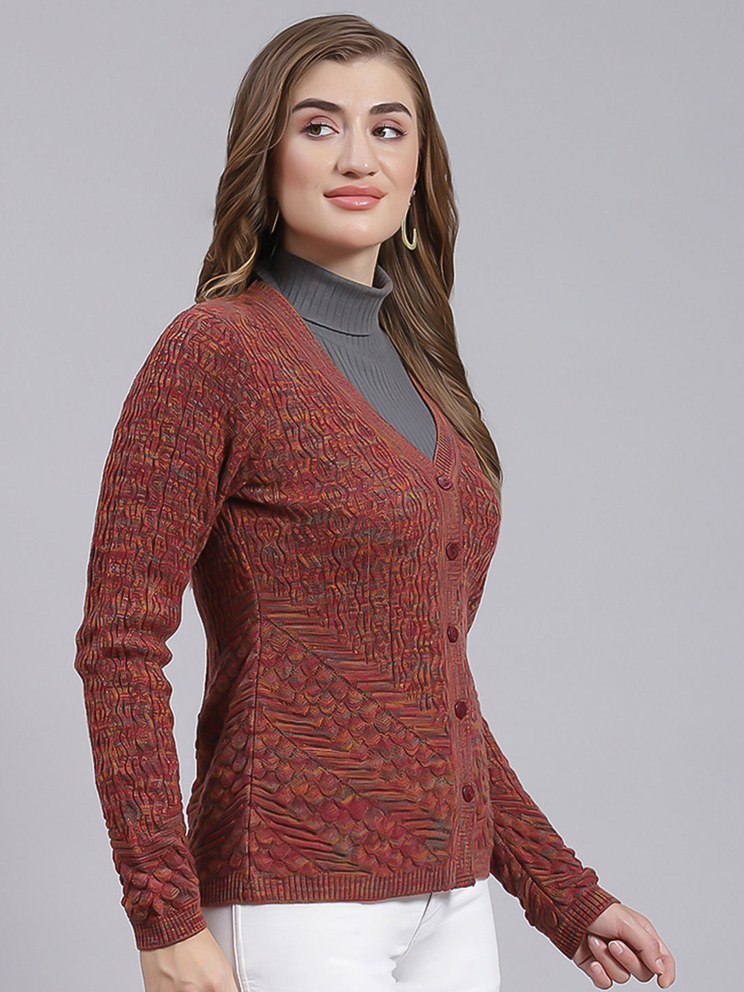 Women Maroon Jaquard Wool blend Cardigan