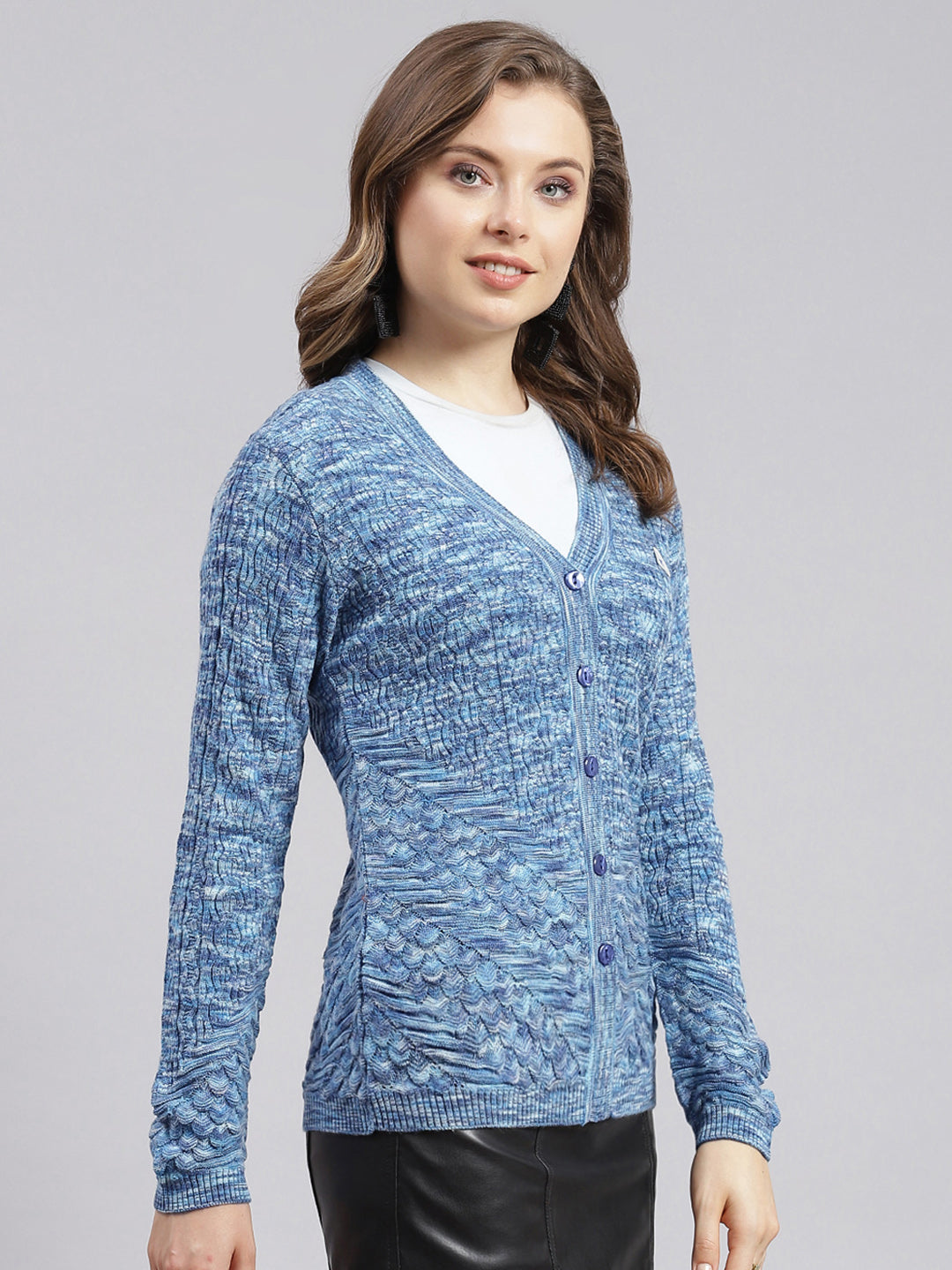 Women Blue Jaquard Wool blend Cardigan