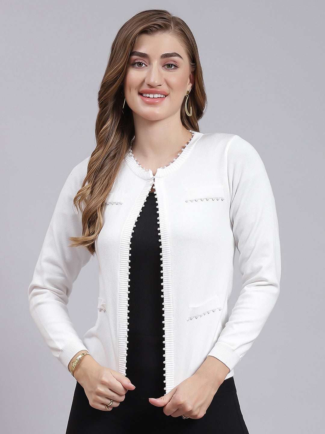 Women White Solid Wool blend Cardigan - Main Image