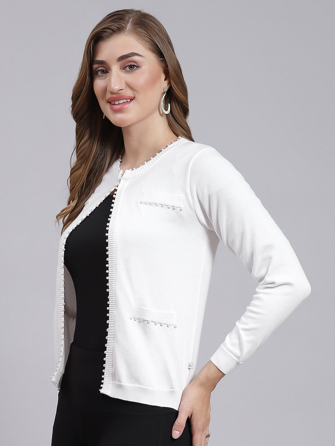 Women White Solid Wool blend Cardigan