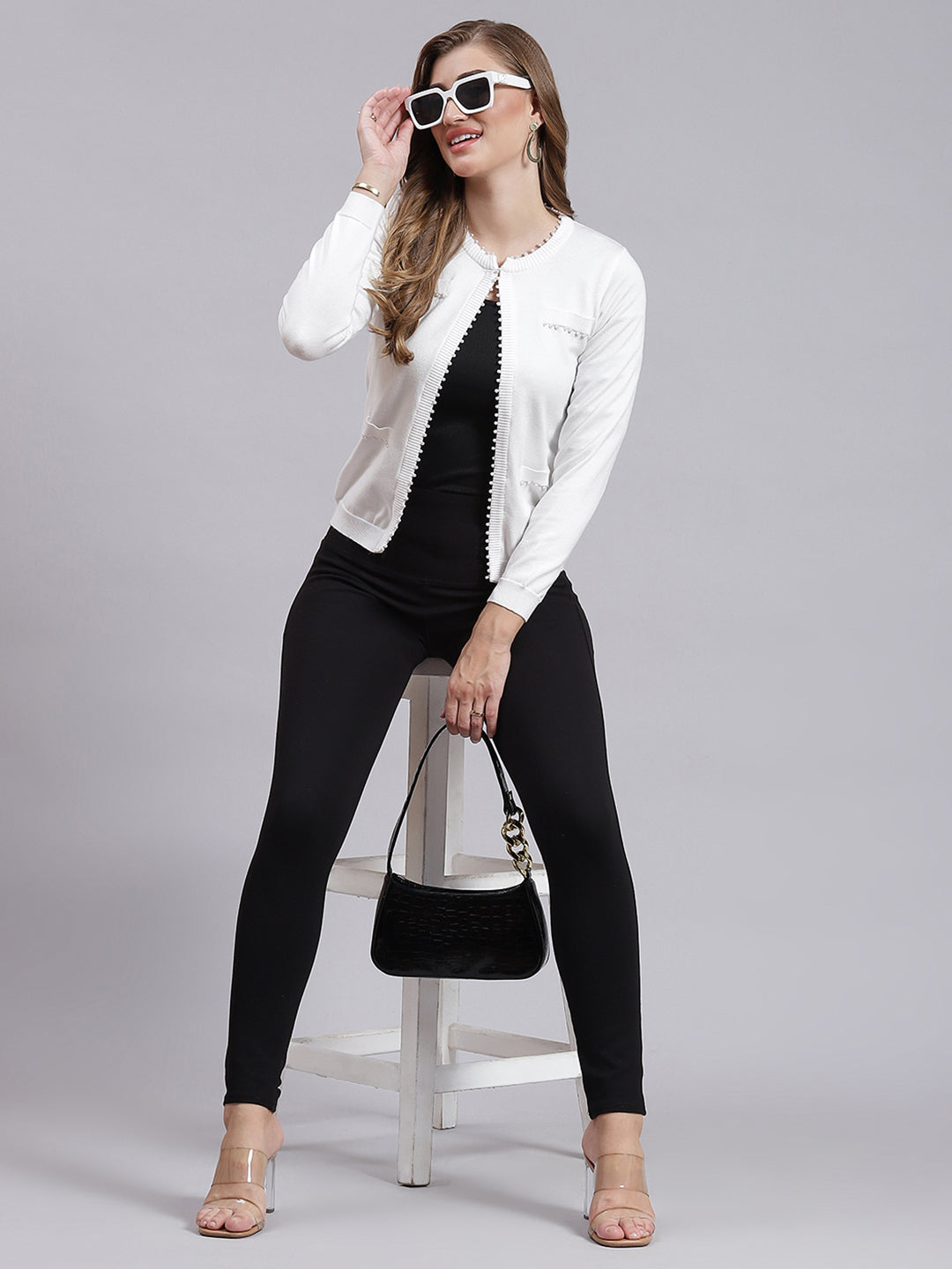 Women White Solid Wool blend Cardigan