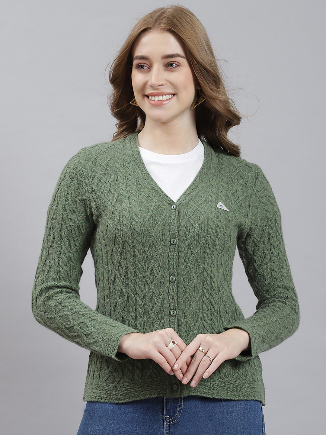 Women Green Self Cardigan