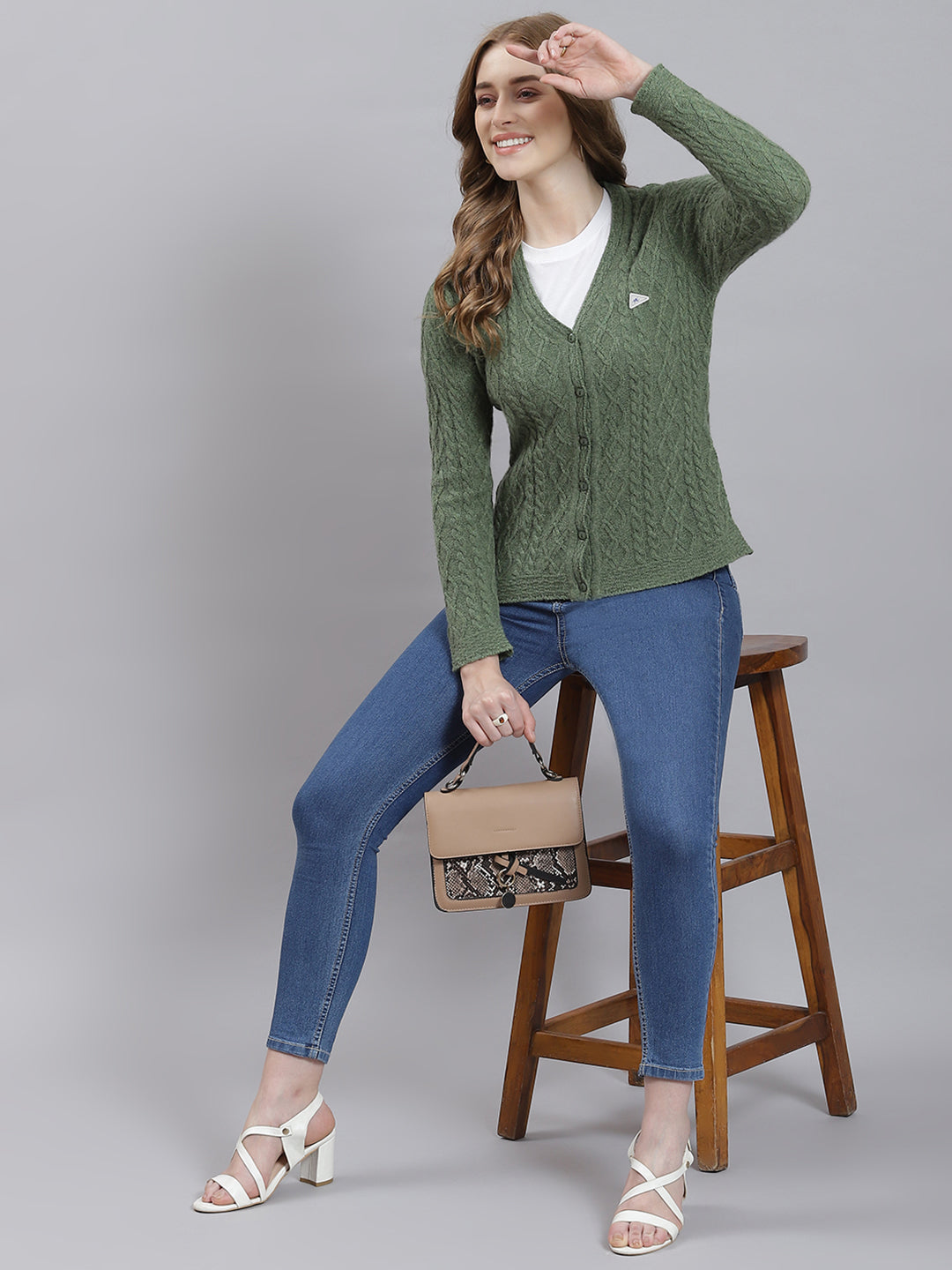 Women Green Self Cardigan