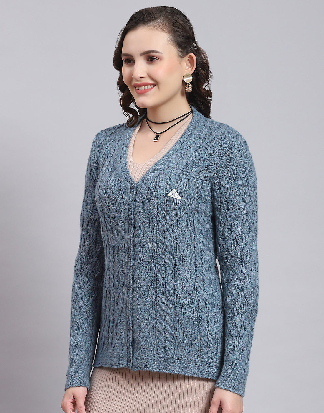 Women Blue Self Design V Neck Full Sleeve Sweater