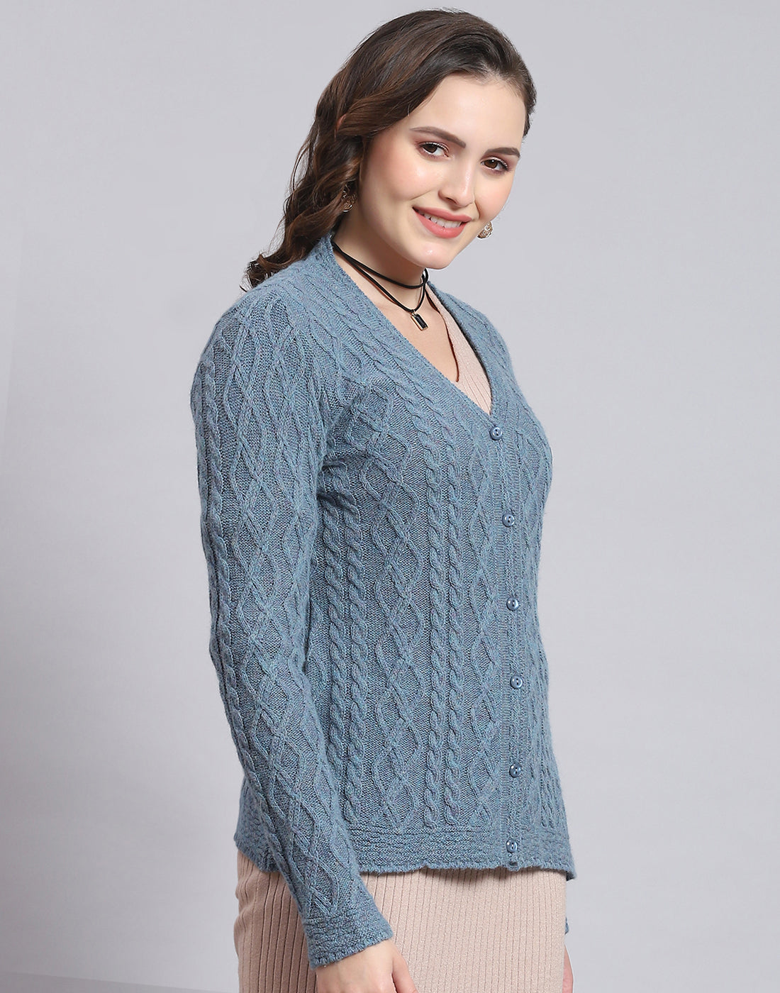 Women Blue Self Design V Neck Full Sleeve Sweater