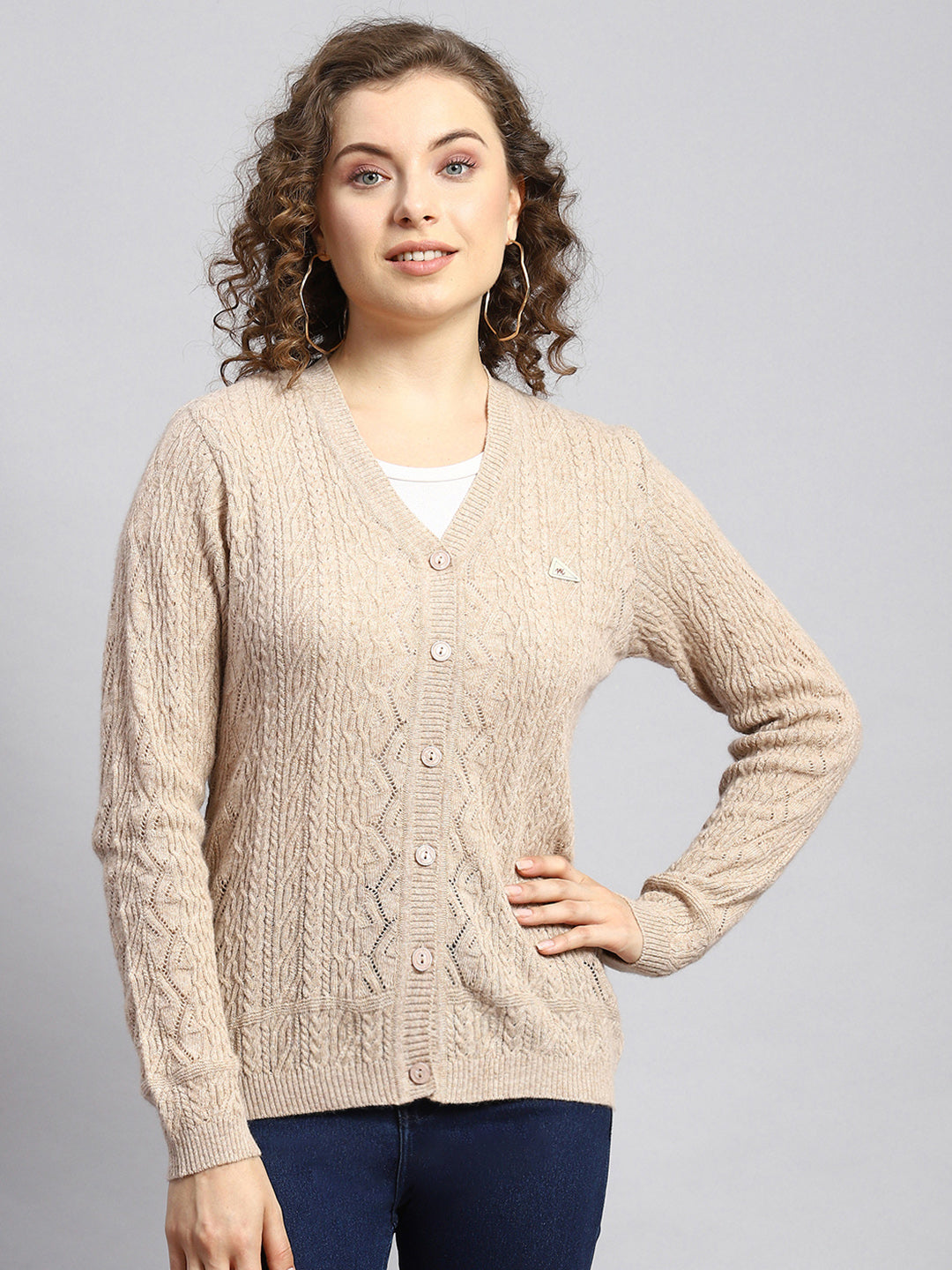 Women Beige Self Cardigan