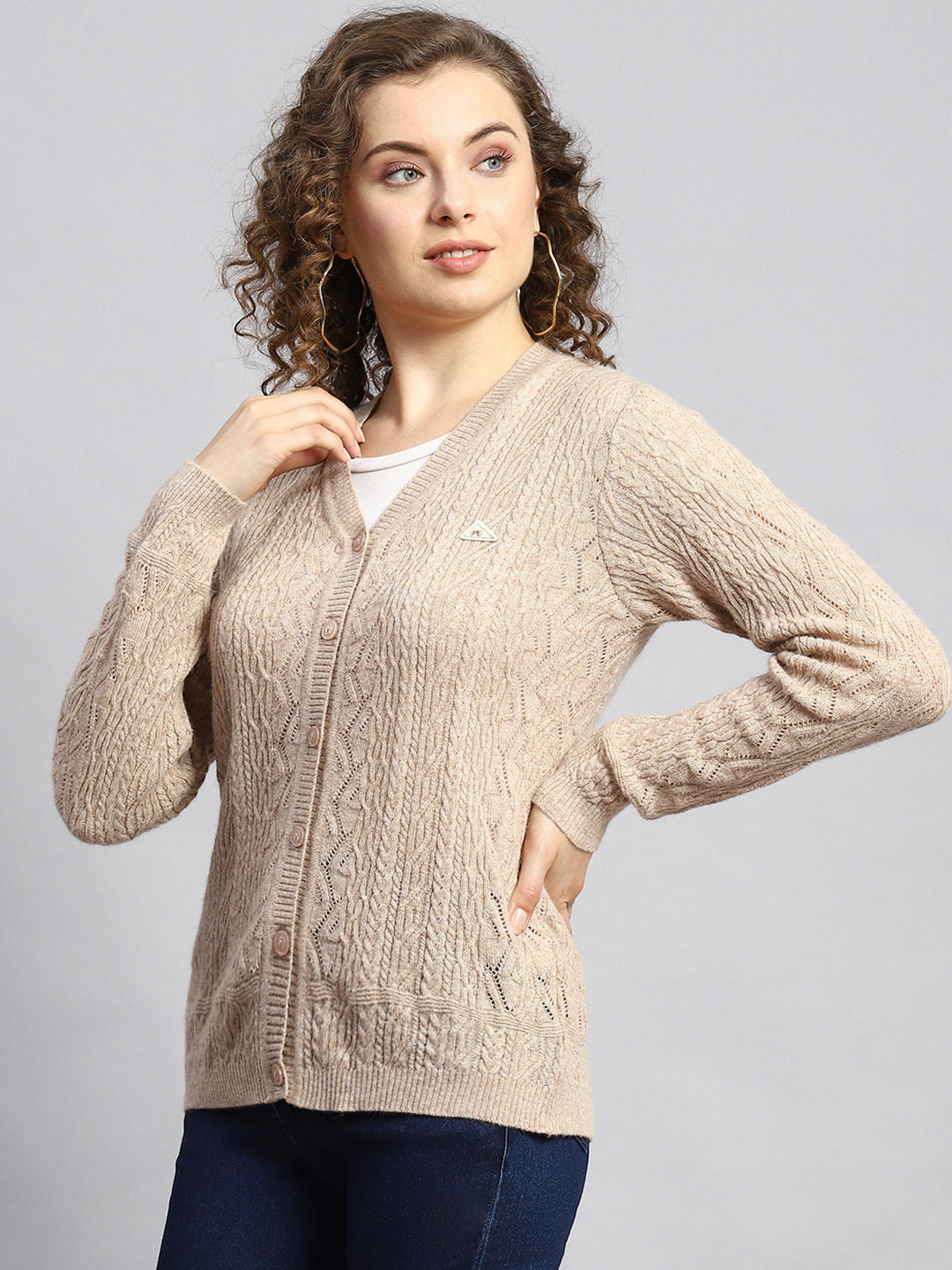 Women Beige Self Cardigan