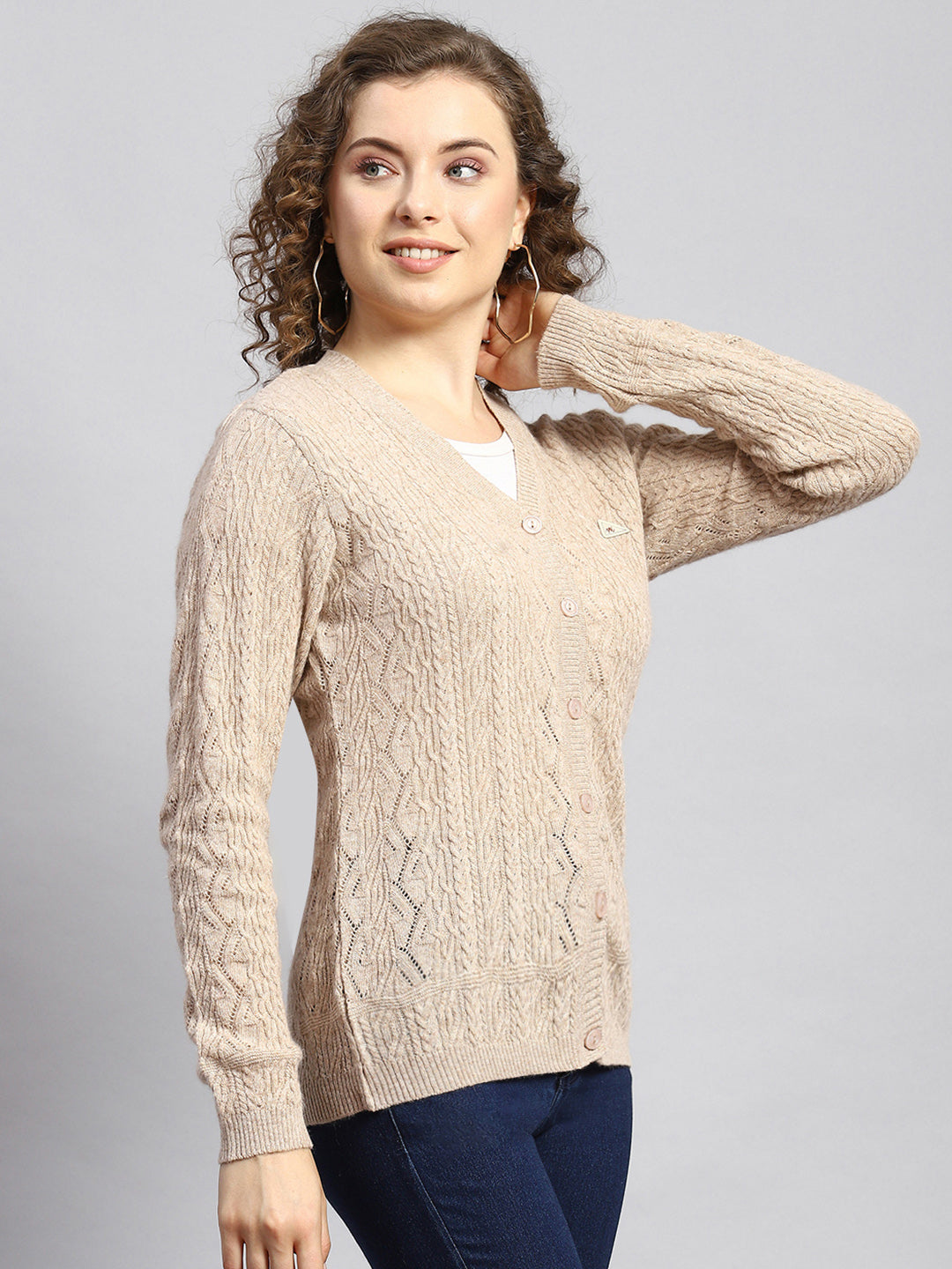 Women Beige Self Cardigan