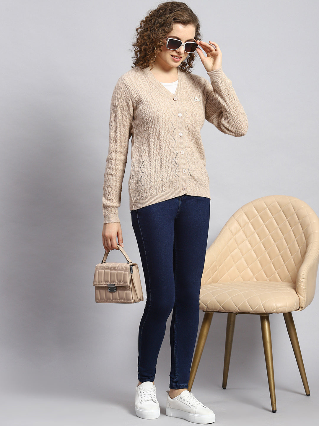 Women Beige Self Cardigan