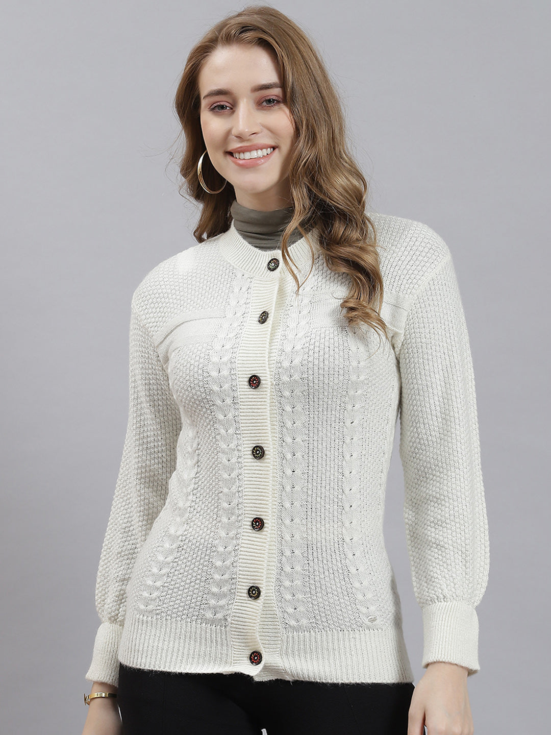 Women Off White Self Cardigan