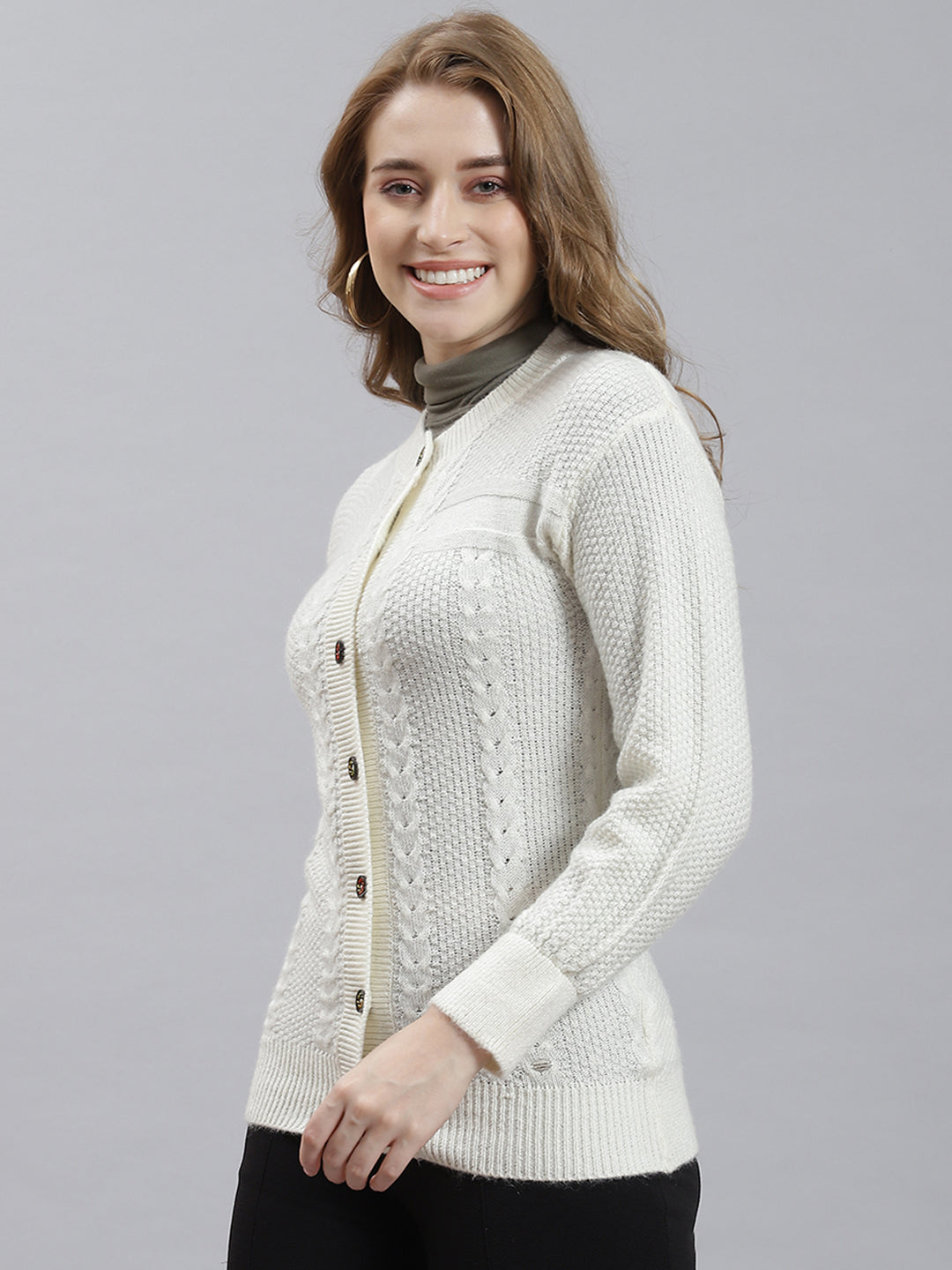 Women Off White Self Cardigan