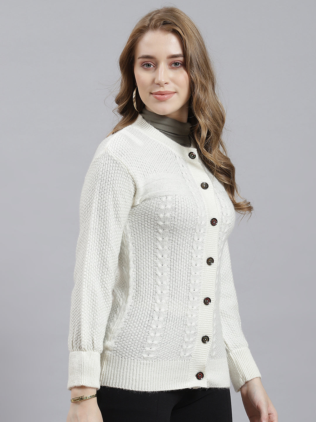 Women Off White Self Cardigan