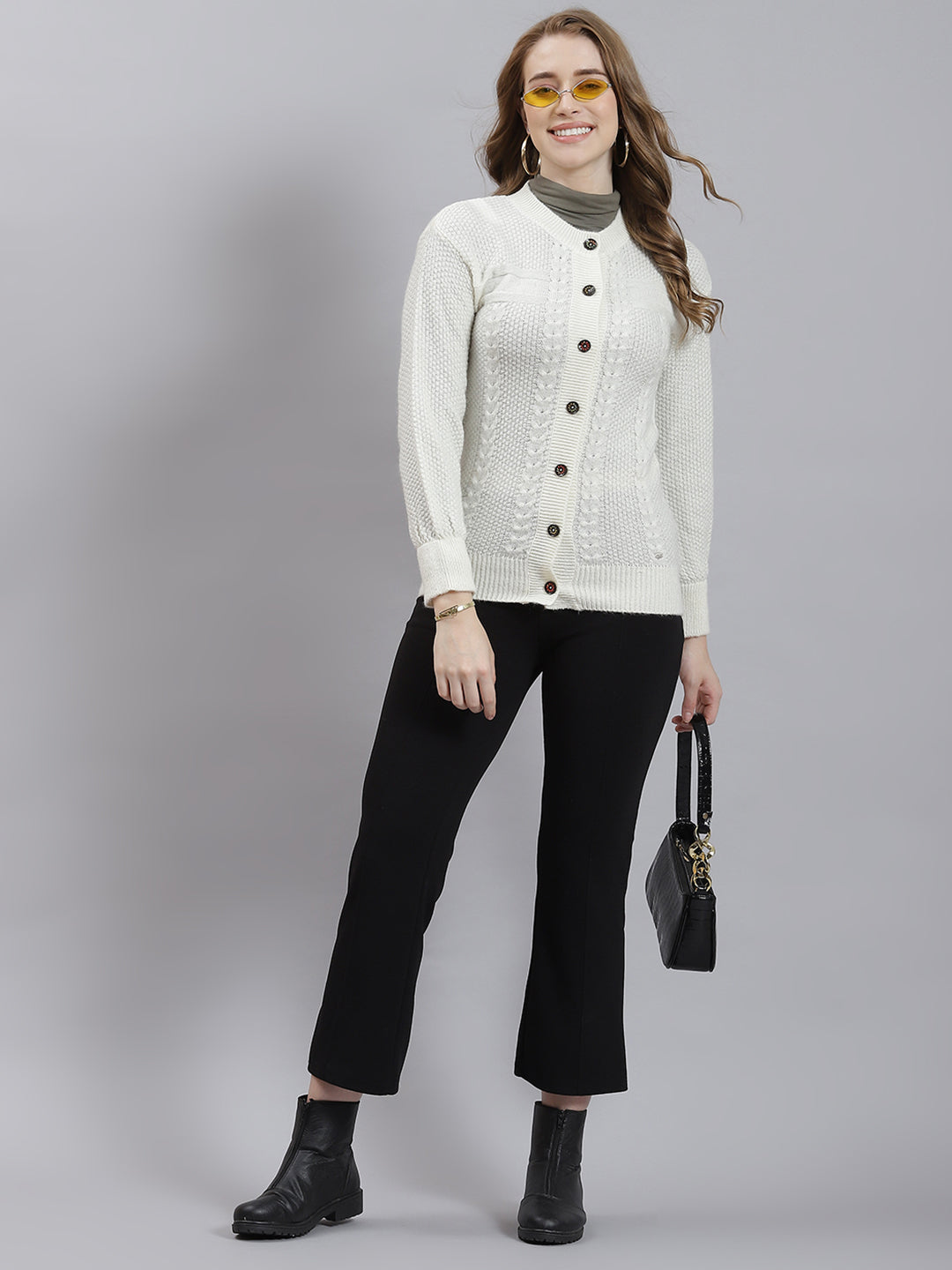 Women Off White Self Cardigan