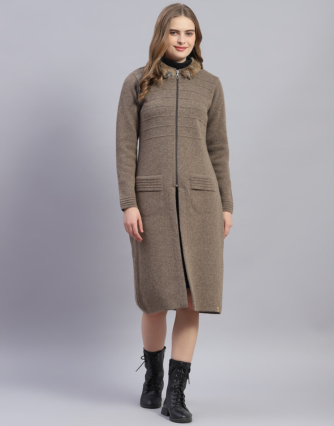 Women Brown Solid Stand Collar Full Sleeve Sweater