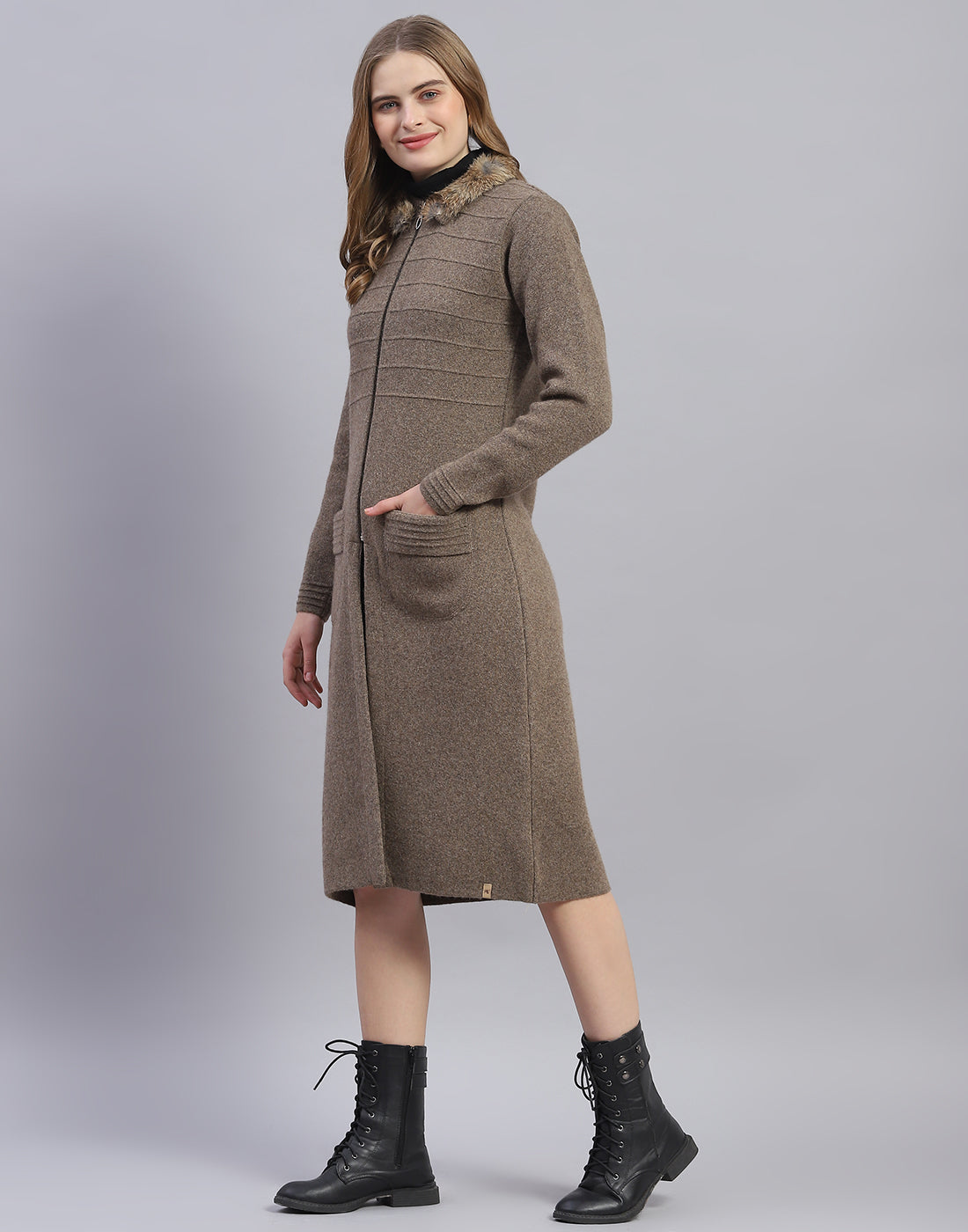 Women Brown Solid Stand Collar Full Sleeve Sweater