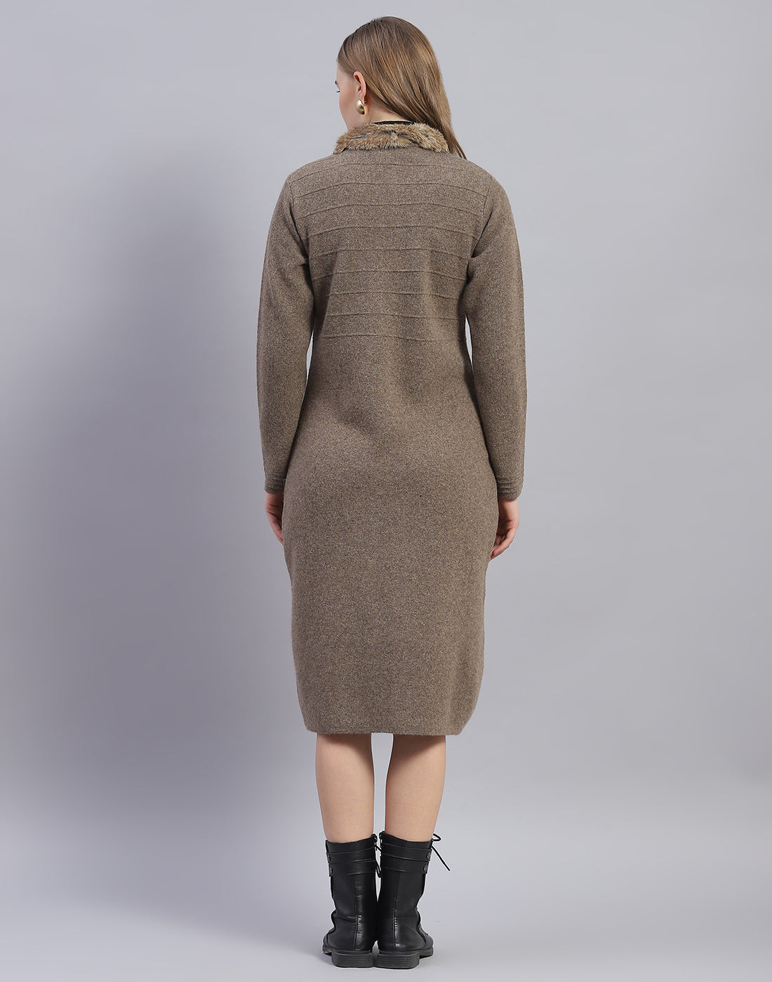 Women Brown Solid Stand Collar Full Sleeve Sweater