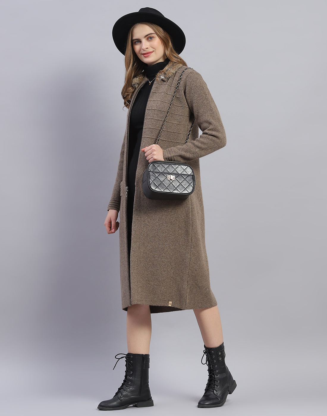 Women Brown Solid Stand Collar Full Sleeve Sweater