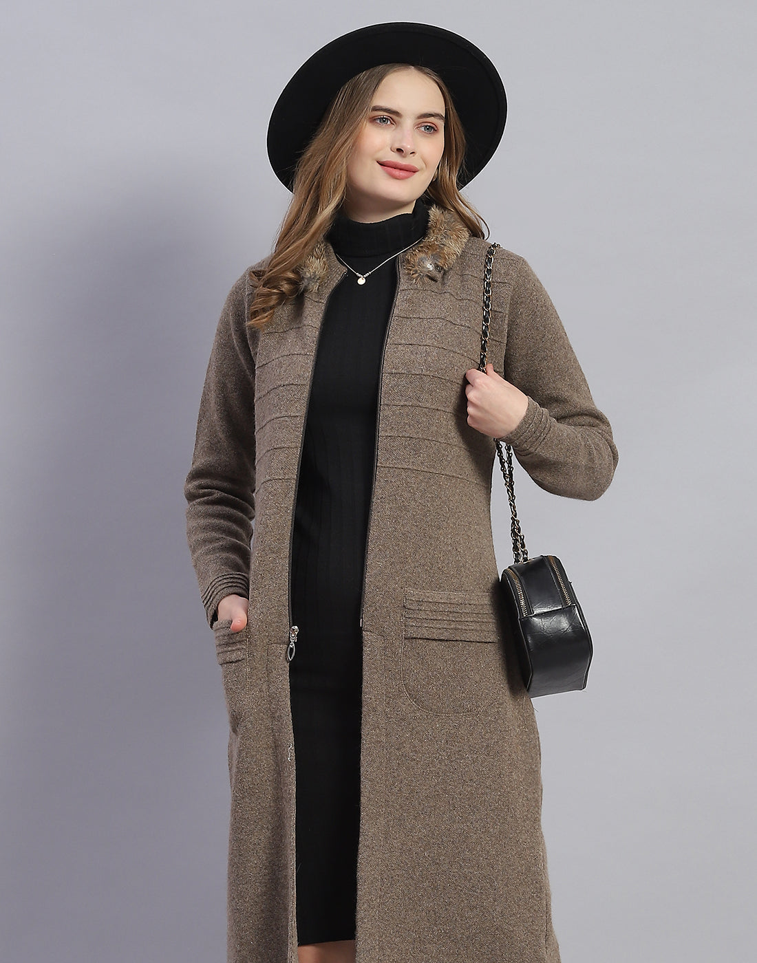 Women Brown Solid Stand Collar Full Sleeve Sweater