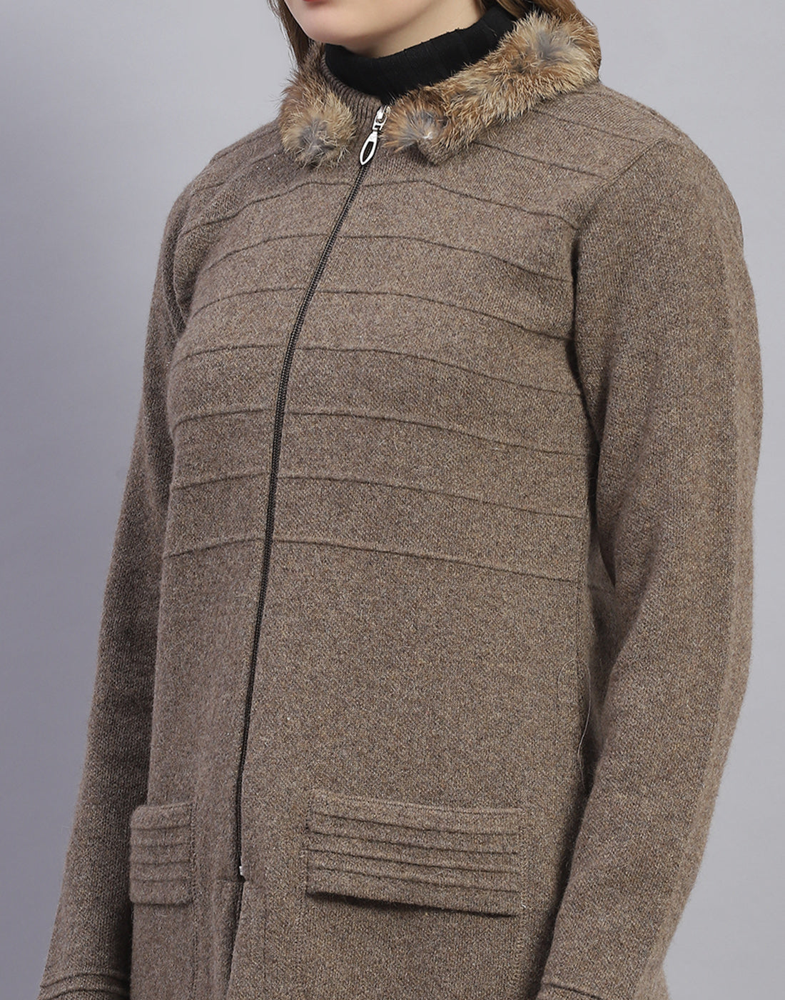 Women Brown Solid Stand Collar Full Sleeve Sweater