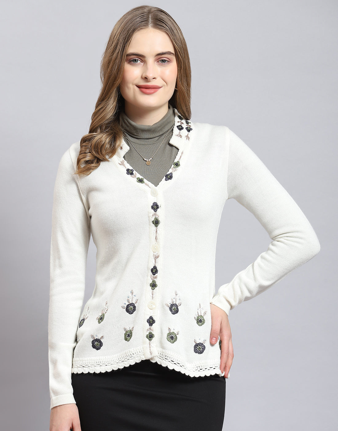 Women White Embroidered V Neck Full Sleeve Cardigan