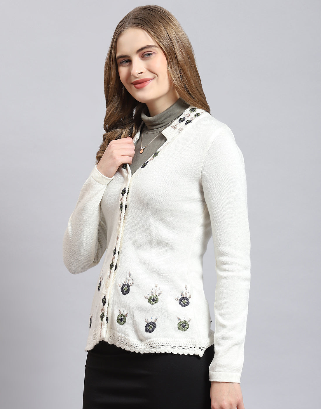 Women White Embroidered V Neck Full Sleeve Cardigan
