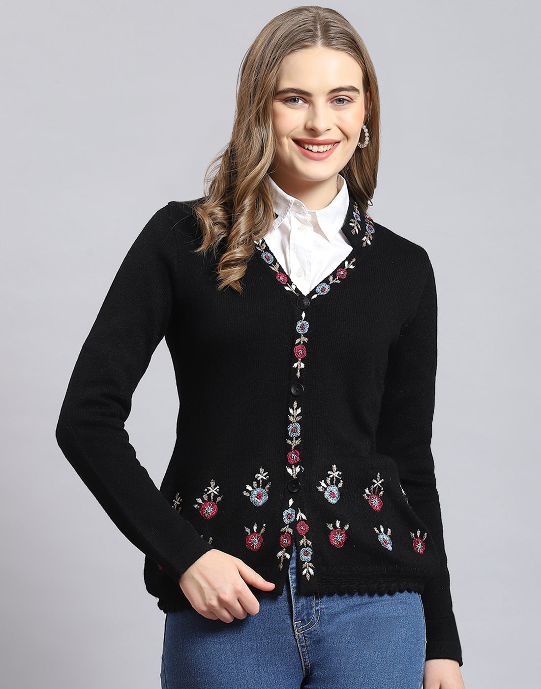 Women Black Embroidered V Neck Full Sleeve Cardigan