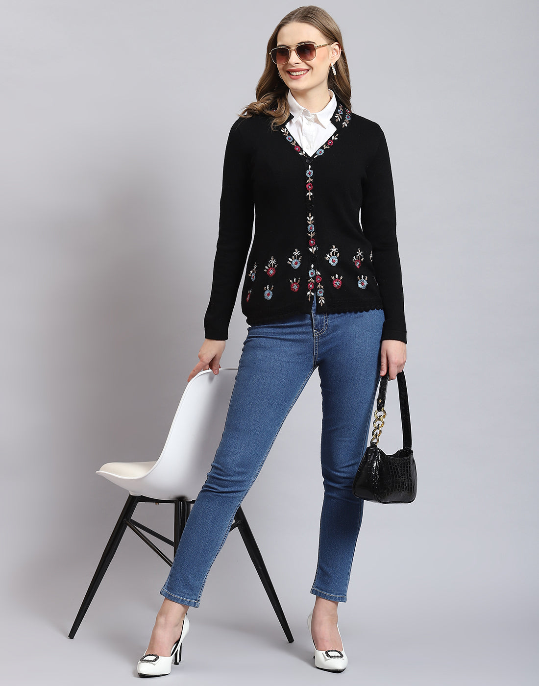 Women Black Embroidered V Neck Full Sleeve Cardigan