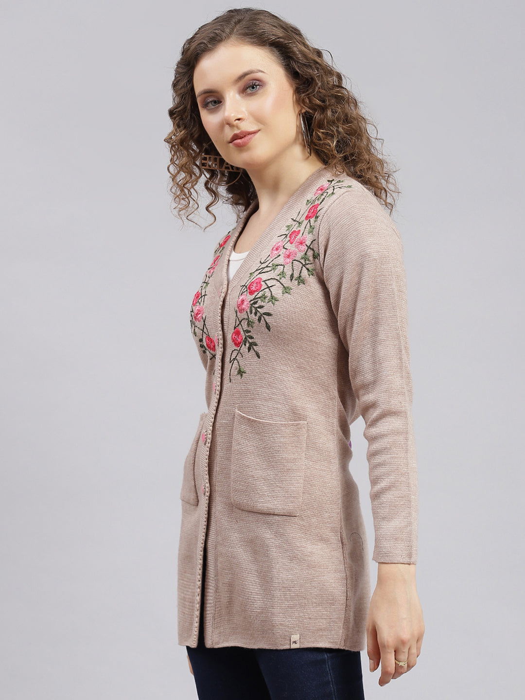 Women Beige Solid Wool blend Cardigan