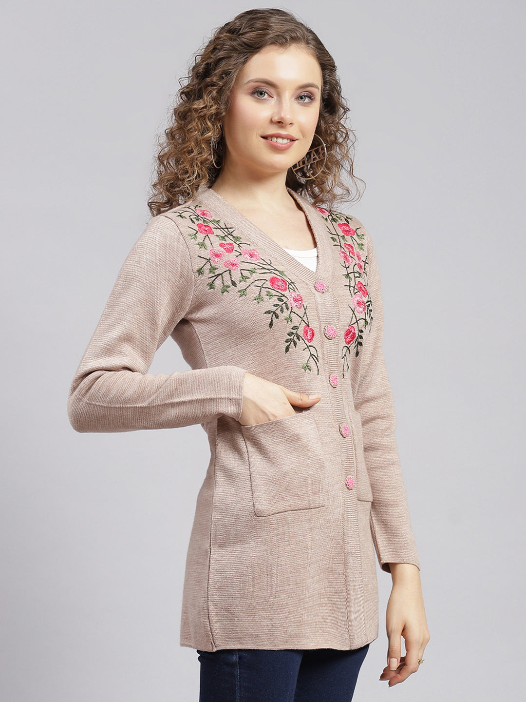 Women Beige Solid Wool blend Cardigan