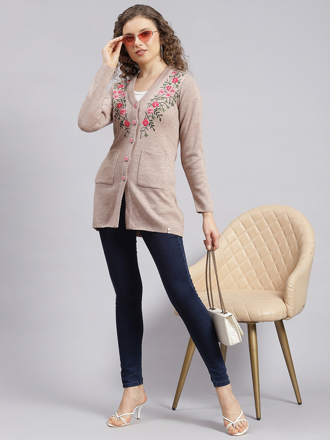 Women Beige Solid Wool blend Cardigan