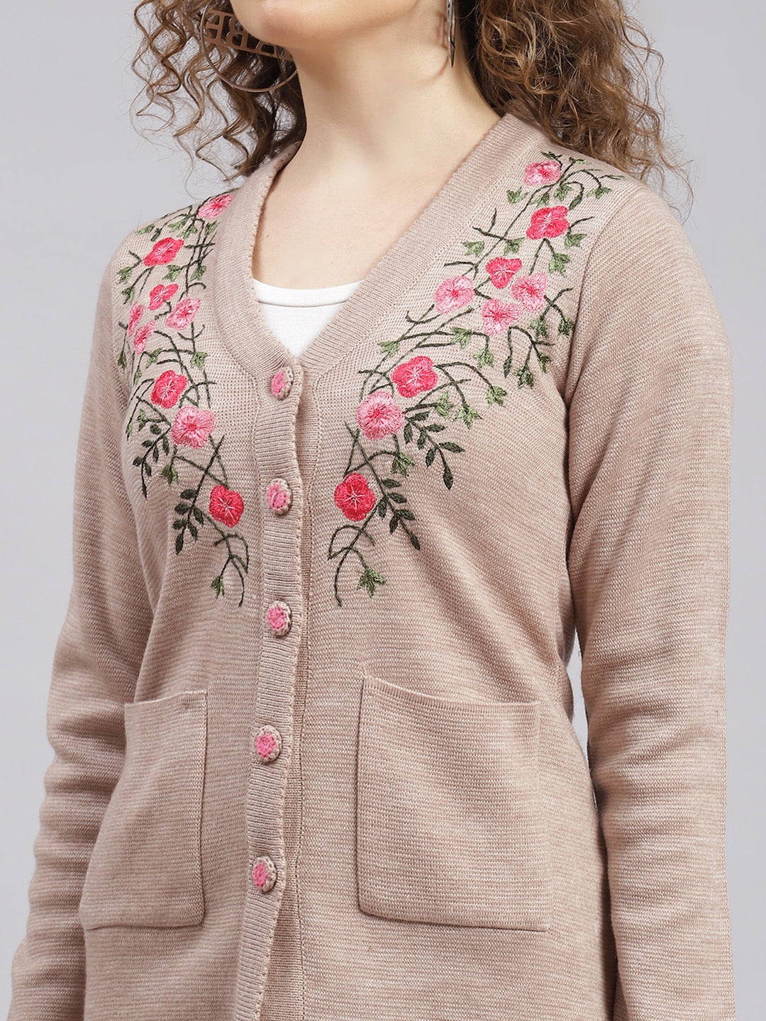 Women Beige Solid Wool blend Cardigan
