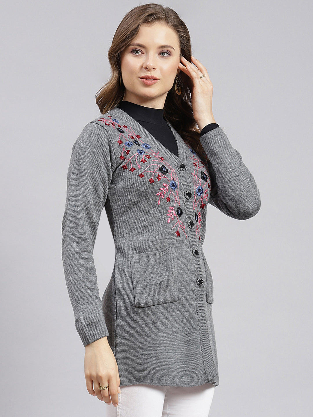 Women Grey Solid Wool blend Cardigan