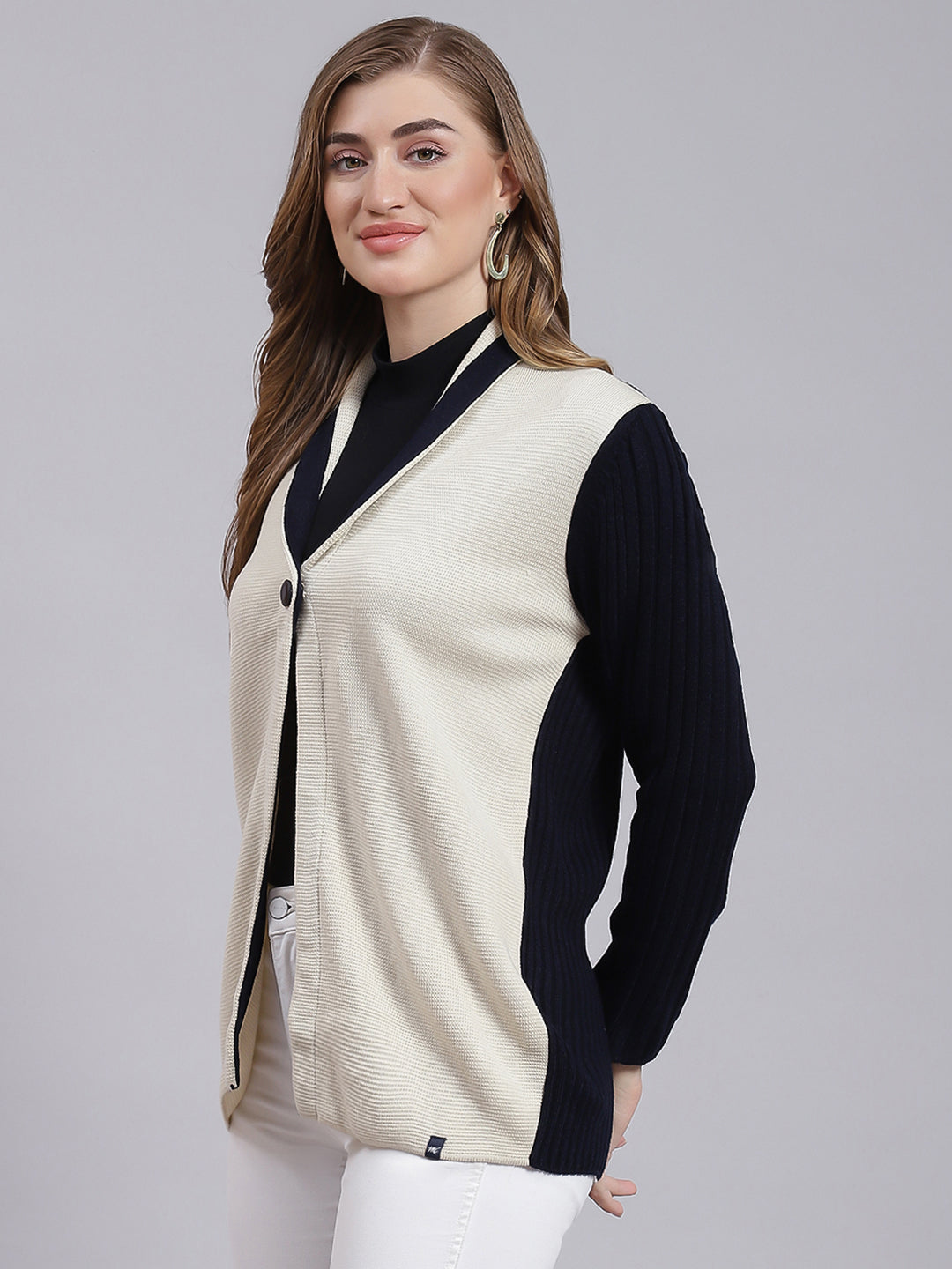 Women Navy Blue & Cream Solid Wool blend Cardigan
