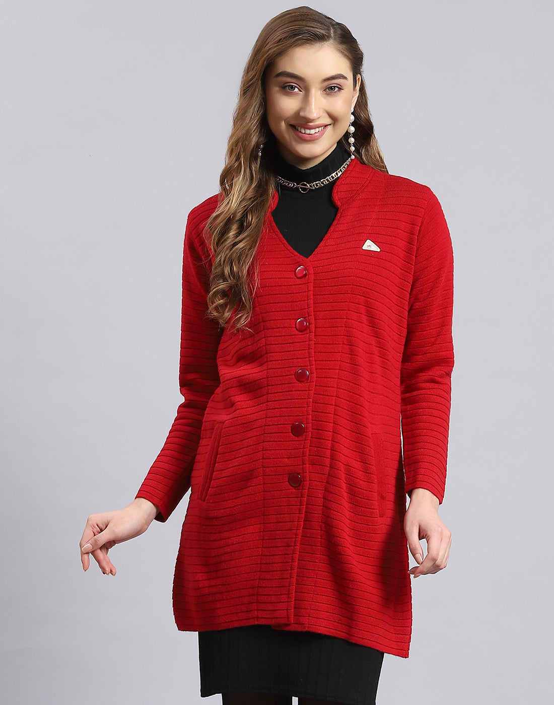 Women Red Self Design V Neck Full Sleeve Cardigan