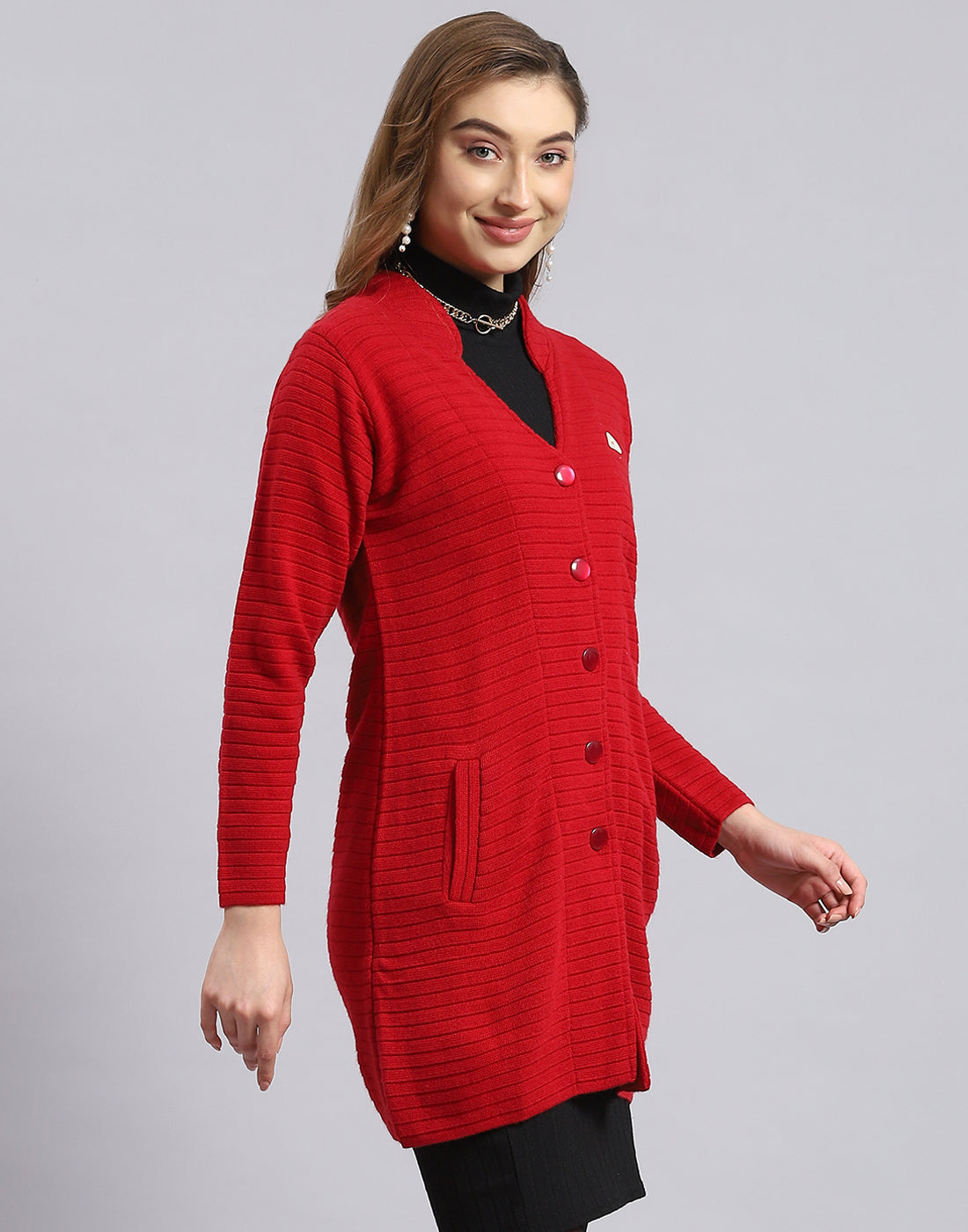 Women Red Self Design V Neck Full Sleeve Cardigan