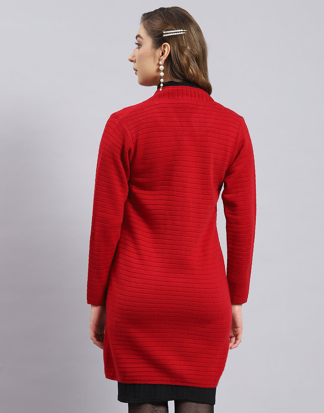 Women Red Self Design V Neck Full Sleeve Cardigan