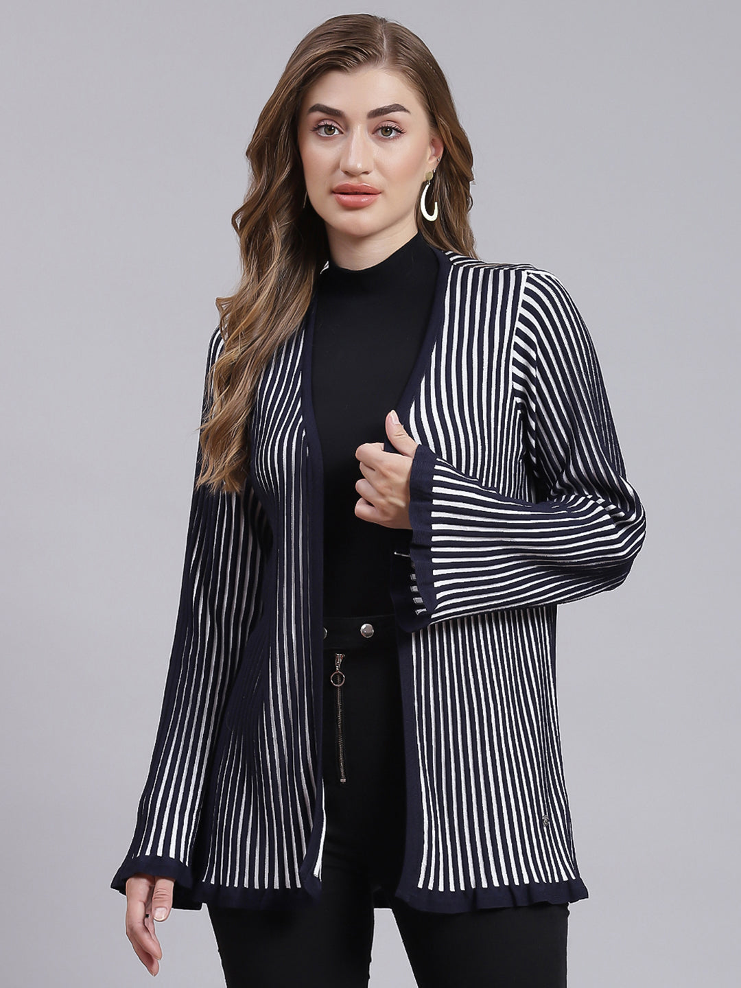 Women Navy Blue Stripe Wool blend Cardigan