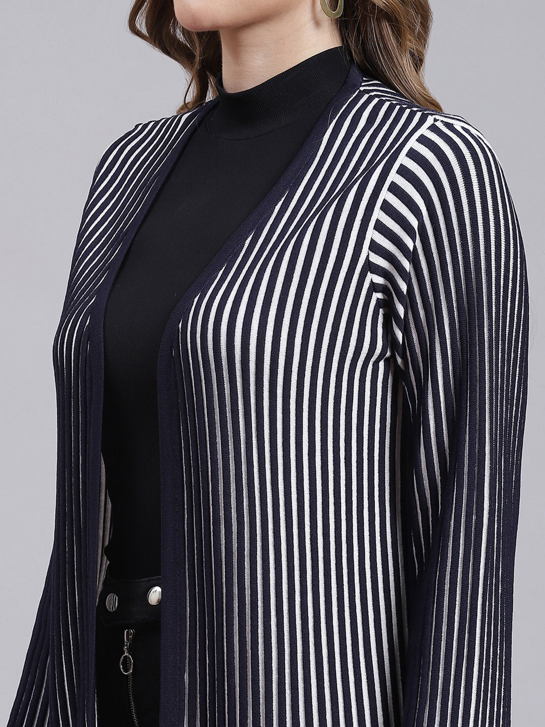Women Navy Blue Stripe Wool blend Cardigan