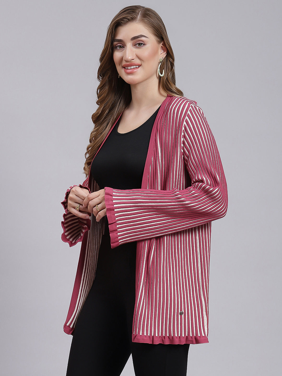 Women Dark Pink Stripe Wool blend Cardigan