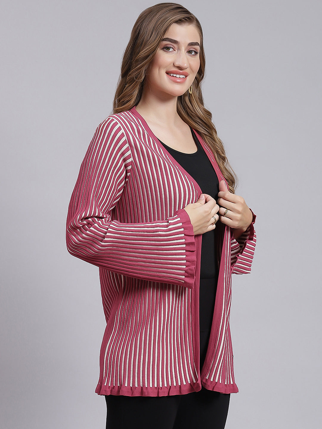 Women Dark Pink Stripe Wool blend Cardigan